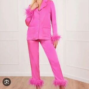 Nadine Merabi Darcie Hot Pink Feathered Pajamas, size XL